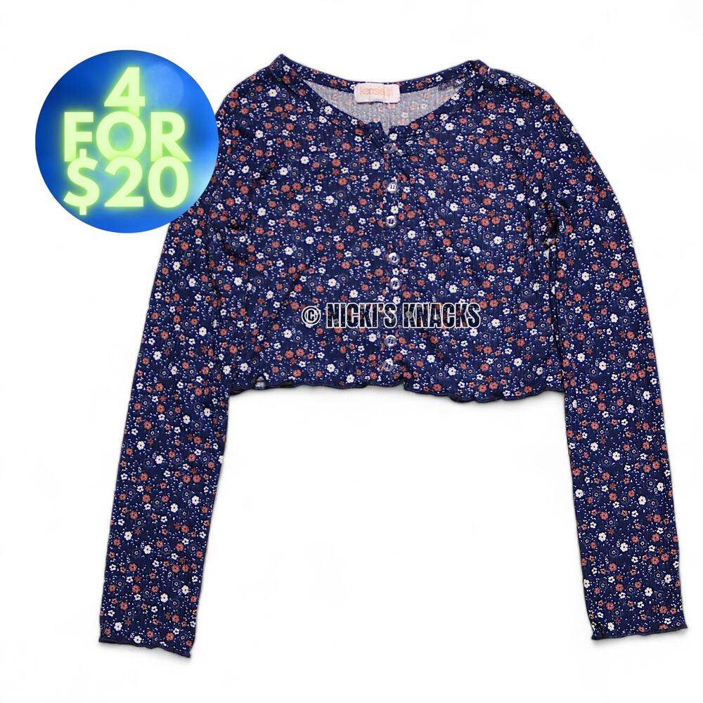 4/$20 - Kensie Girl Long Sleeve Floral Crop Top Navy Blue Button Front Size 12